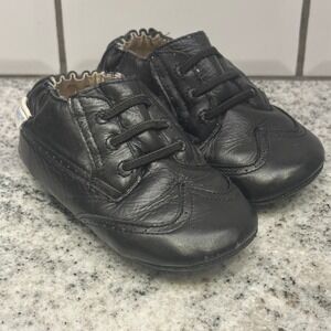 Robeez Toddler US 6 18-24M Leather Wingtip Shoes Black Brogue Elastic Preppy